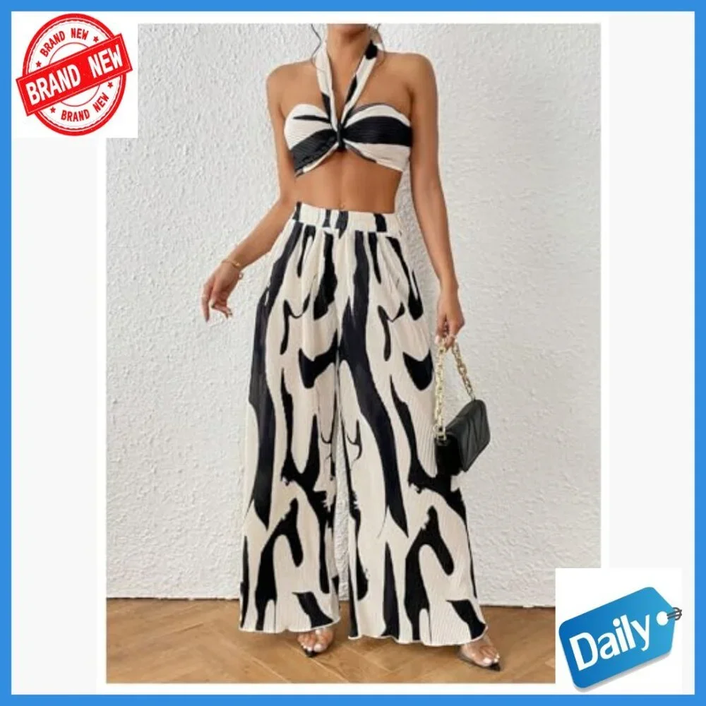 Polyester Knitted Crop Halter Top and Wide Leg Pants Set Size Small